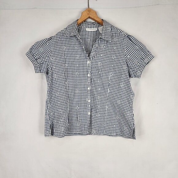 Button Up Cottage Shirt Women's L Sag Harbor Black White Gingham Short Sleeve - Picture 3 of 9